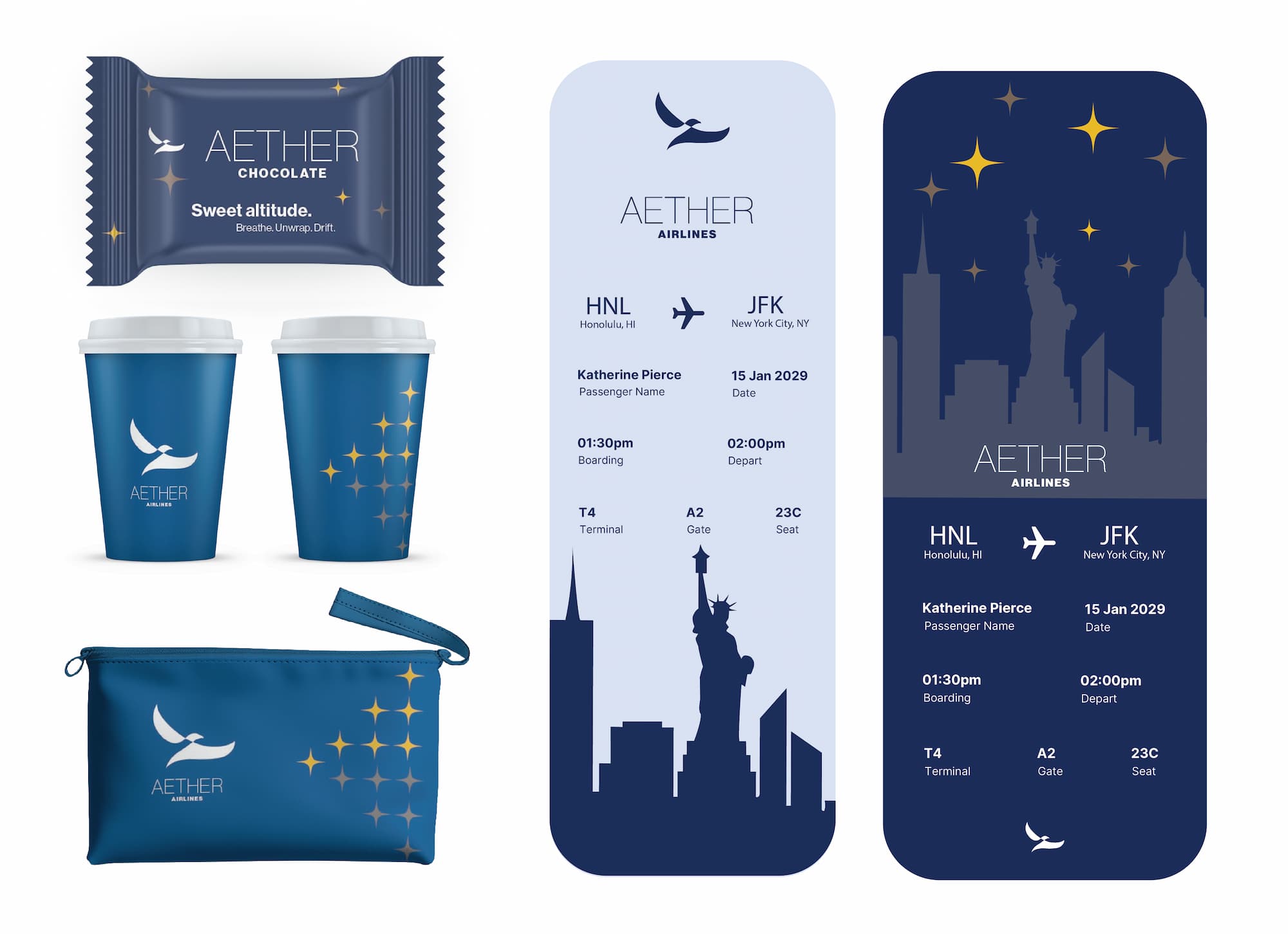 Aether Airlines boarding passes and mock ups